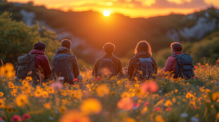back view of a group of backpackers sitting on a meadow in the grass with many wildflowers and looking at the sunrise or sunset beyond the mountains