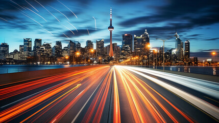The motion blur of a busy urban highway during the evening rush hour. The city skyline serves as the background, illuminated by a sea of headlights and taillights. 