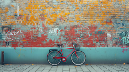 a beautiful ordinary bicycle leaning against a beautifully painted colored brick wall - Powered by Adobe