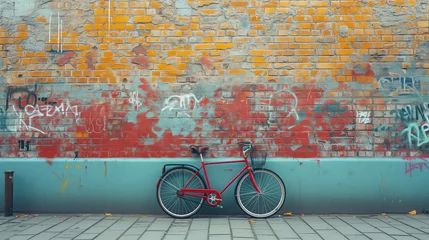 Fototapeten a beautiful ordinary bicycle leaning against a beautifully painted colored brick wall © MYKHAILO KUSHEI