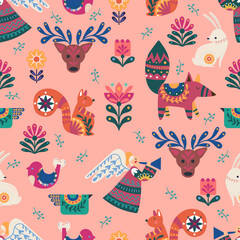 Scandinavian seamless pattern, colorful animals, birds, flowers, Scandinavian minimalistic ornament, background for fabric, textile and gift wrapping, illustration, vector.
