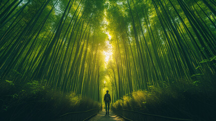 silhouette of a person walking along a path through a green bamboo forest with very tall bamboo through which the sunlight barely shines