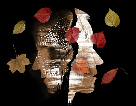 Schizophrenia, depression, male heads,autumn leaves.
 Male heads, stylized silhouettes shown in profile. Concept symbolizing schizophrenia, depression.