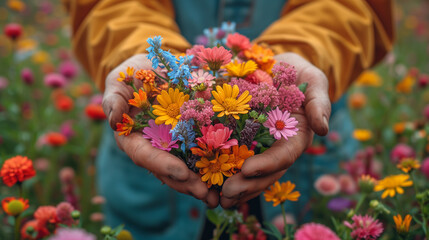worked human hands hold a bouquet of colorful beautiful fresh wildflowers, a person is standing in a field on which wildflowers grow, a feeling of a real spring blooming mood