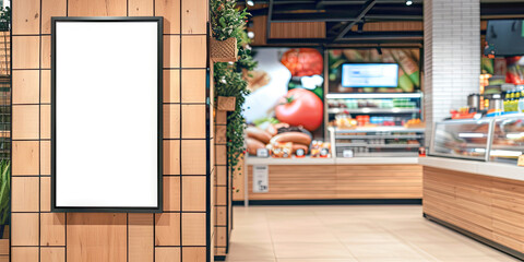 Obraz na płótnie Canvas White billboard on wooden wall, for advertising, mockup presentations, announcements, promotions, and digital marketing.Blank Poster frame template Digital screen Supermarket Advertising banner