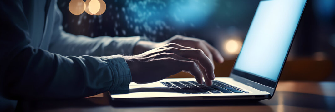 Close up of young business man hands typing on laptop computer keyboard in office, working on digital tablet, night with blurred bokeh background horizontal image size, space for text, Banner,person