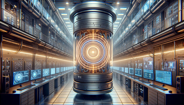Cutting-edge quantum computer core in a sleek industrial lab setting.