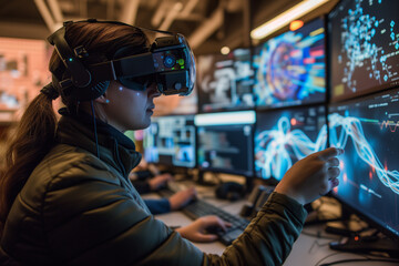 Person engaged in data analysis using a virtual reality headset, interacting with complex graphs and visual data in a high tech environment.