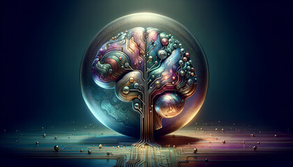 Futuristic metallic brain with iridescent circuits representing federated learning. - obrazy, fototapety, plakaty