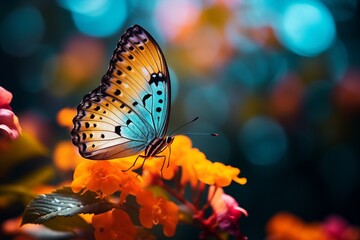 vibrant butterfly on a blooming flower, with a blurred or bokeh background of a lush forest 