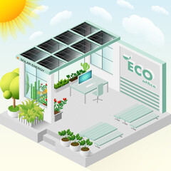 Eco-friendly office illustration with sustainable practices.