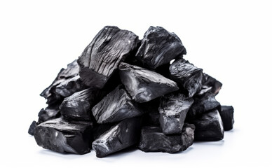 Pile of black coal isolated on white background. Close up.