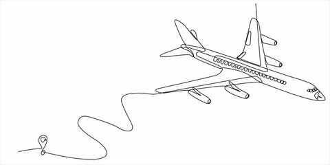 Continuous line drawing of airplane line path vector icon of an airplane flight route with starting point and one line trail - Vector illustration. - Vector