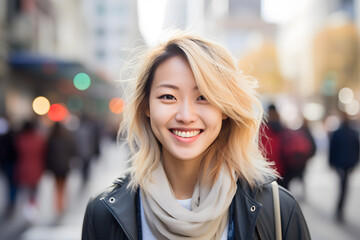 Young smiling Asian woman with blond dyed hair in city street - obrazy, fototapety, plakaty