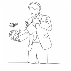 continuous line Businessman holding plant in green world and watering as environmental conservation hand drawn vector illustration