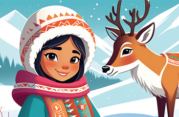 A beautiful Eskimo girl in national clothes standing in tundra with a deer. Close-up. Snowy tundra in the background.