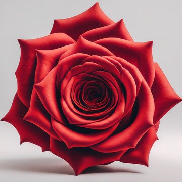 The picture shows a red rose in bloom on a white background.