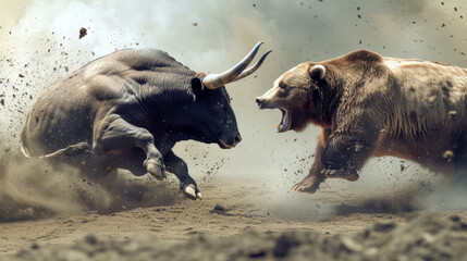 A bull and bear fighting. Stock market price trends bullish or bearish trading
