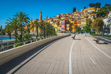 View with old town of Menton from the walkway, France