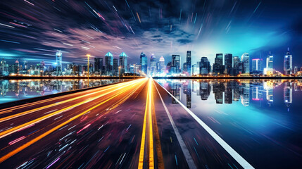 Fototapeta na wymiar Long Exposure City Night Photo, Blurred Lights Capture the Vibrant Energy of Urban Life