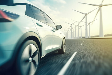 Electric Car Driving Past Wind Turbines