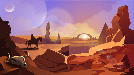 Western. A cowboy rides through the desert on a horse against the background of sunset. Vector.