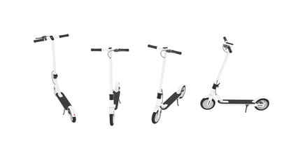 Eco-friendly electric scooter front, back, side, top and aerial view isolated on white background. Eco Transport. 3D rendering, environmental transport. Active lifestyle.