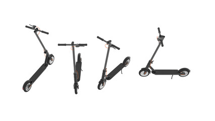 Eco-friendly electric scooter front, back, side, top and aerial view isolated on white background. Eco Transport. 3D rendering, environmental transport. Active lifestyle.