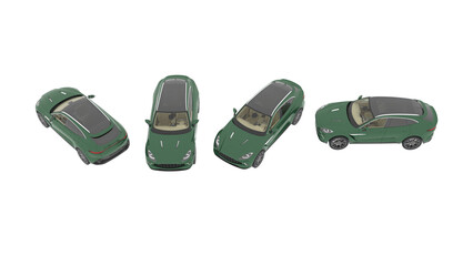 Fototapeta premium 3D rendering aerial top angle view of the green car set with blank surface for mockup branding, Three Dimensional view front, back, and side view of a white car, Mockup, or advertising empty green car