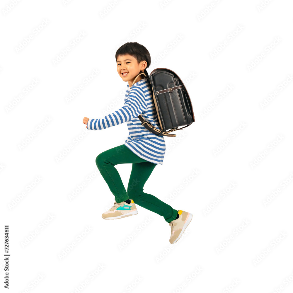 Poster ランドセルを背負って笑顔でジャンプする小学生の男の子　手作業で精密に切り抜いた背景透過全身写真png