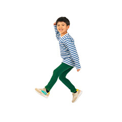 笑顔でジャンプする男の子　手作業で精密に切り抜いた背景透過全身写真PNG