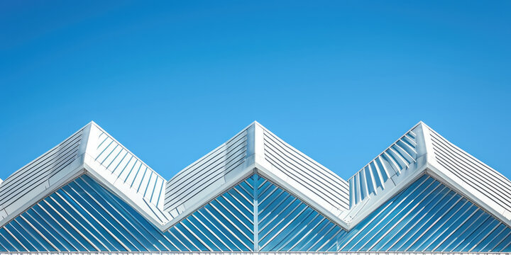 White Building Structure With A Blue Sky, Steel Pattern White Line Geometric Form Architecture Details Blue Sky Background. Modern Skyscraper With A Soaring Glass Exterior Against A Clear Blue Sky. 