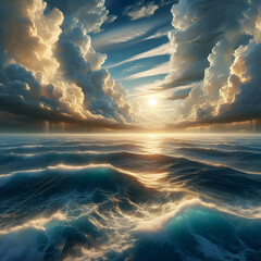 Illuminated Waters: Sunlight Piercing Through a Cloudy Sky Over the Sea