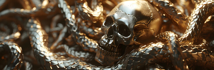 Black golden skull and snake close up, texture