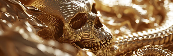 Golden skull and snake close up, texture