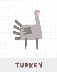 Learn farm animals flashcard. Learning English words for kids. Cute hand drawn doodle educational card with turkey character. Preschool learning material