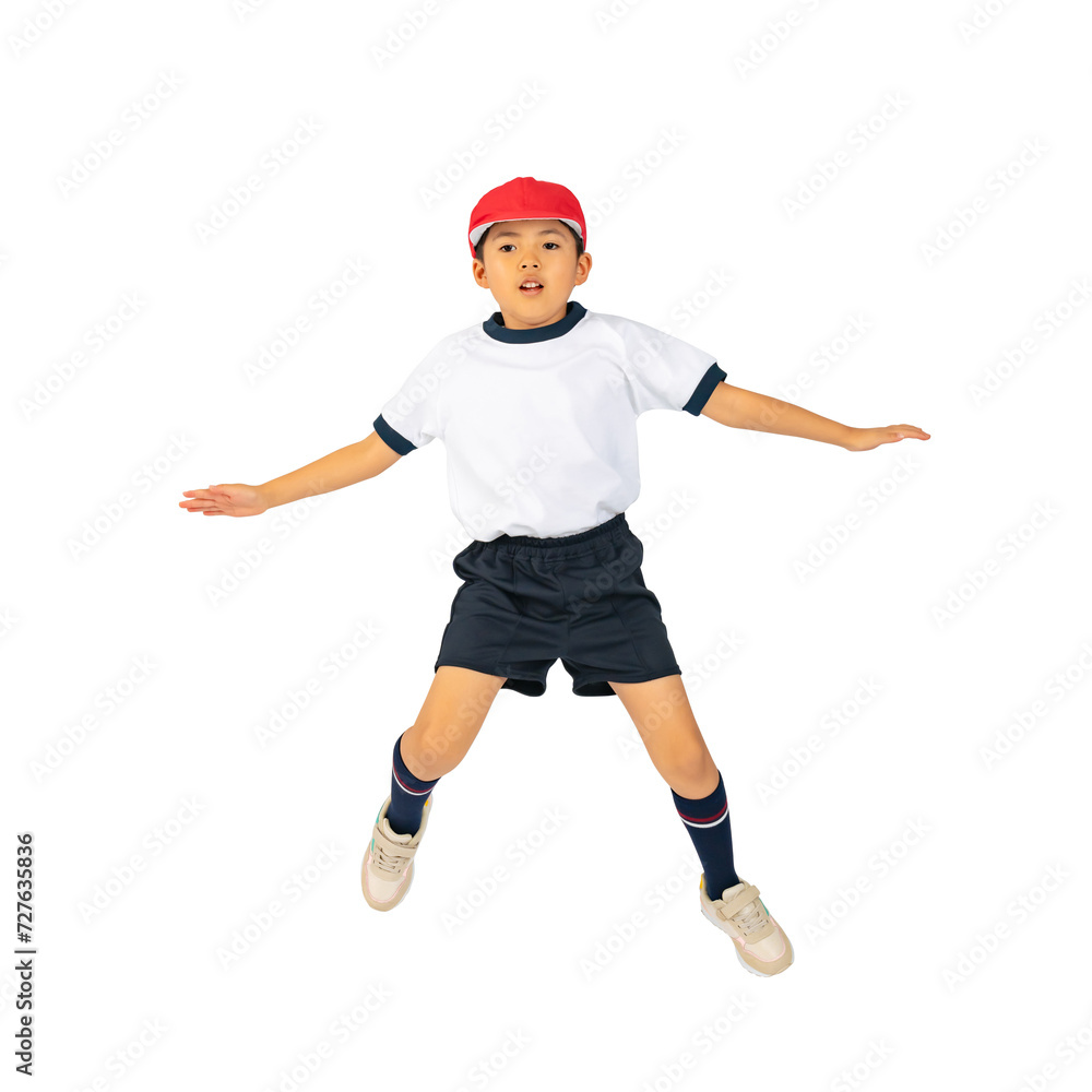 Poster ジャンプする体操服を着た男の子　手作業で精密に切り抜いた背景透過全身写真png