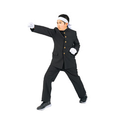 エールを送る学ランを着た応援団　手作業で精密に切り抜いた背景透過全身写真PNG