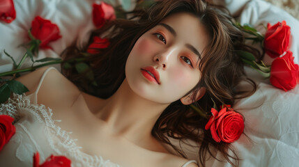 a woman lying on top of her bed with roses