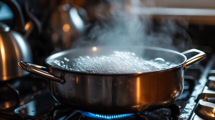 boiling water pot on stove with steam - obrazy, fototapety, plakaty