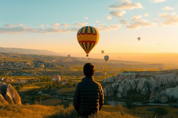 A man looks at the view of colorful hot air balloons from the top of a hill - Powered by Adobe