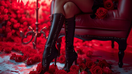 a woman in high heels posing with roses in stockings