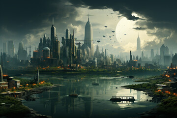 Fototapeta premium Lifestyles, city life, night life concept. Abstract, minimalist and surreal colorful mega city with skyscrapers illustration. Modern art style