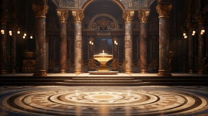 Obraz premium An ornate podium adorned with Byzantine-style mosaics, captured in stunning clarity, the craftsmanship shimmering under focused light.