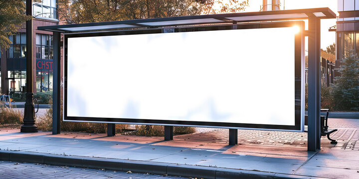 a large billboard with a blank white sheet,  for advertising mockups and urban city concepts and presentations.Mock up Billboard Media Advertising Poster template at Bus Station city street