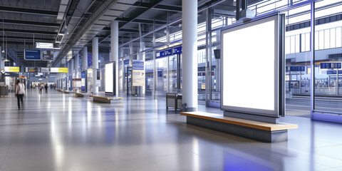 empty mockup  Banner Media  Large billboard in an airport, suitable for advertising campaigns, marketing, travel, transportation, and airportrelated concepts. Captures busy travel environment.