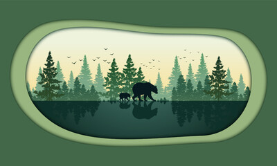 The bear animal silhouettes stand out against backdrop of towering pine trees, creating a sense of nature artistry, illustration paper art or cut style of an background.