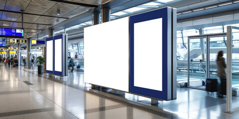 empty mockup  Banner Media  Large billboard in an airport, suitable for advertising campaigns, marketing, travel, transportation, and airportrelated concepts. Captures busy travel environment. - obrazy, fototapety, plakaty