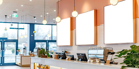 a restaurant with blank big screen banners,Mock up screen display Restaurant Cafe Menu Food Business, for restaurant marketing, food service industry, digital menu advertising, and customer engagement
