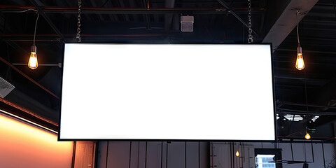 Large hanging screen in building ,for digital advertising, event announcements, live streaming, informational displays, and public messaging.Mockup LCD Screen Blank digital tv Media display 